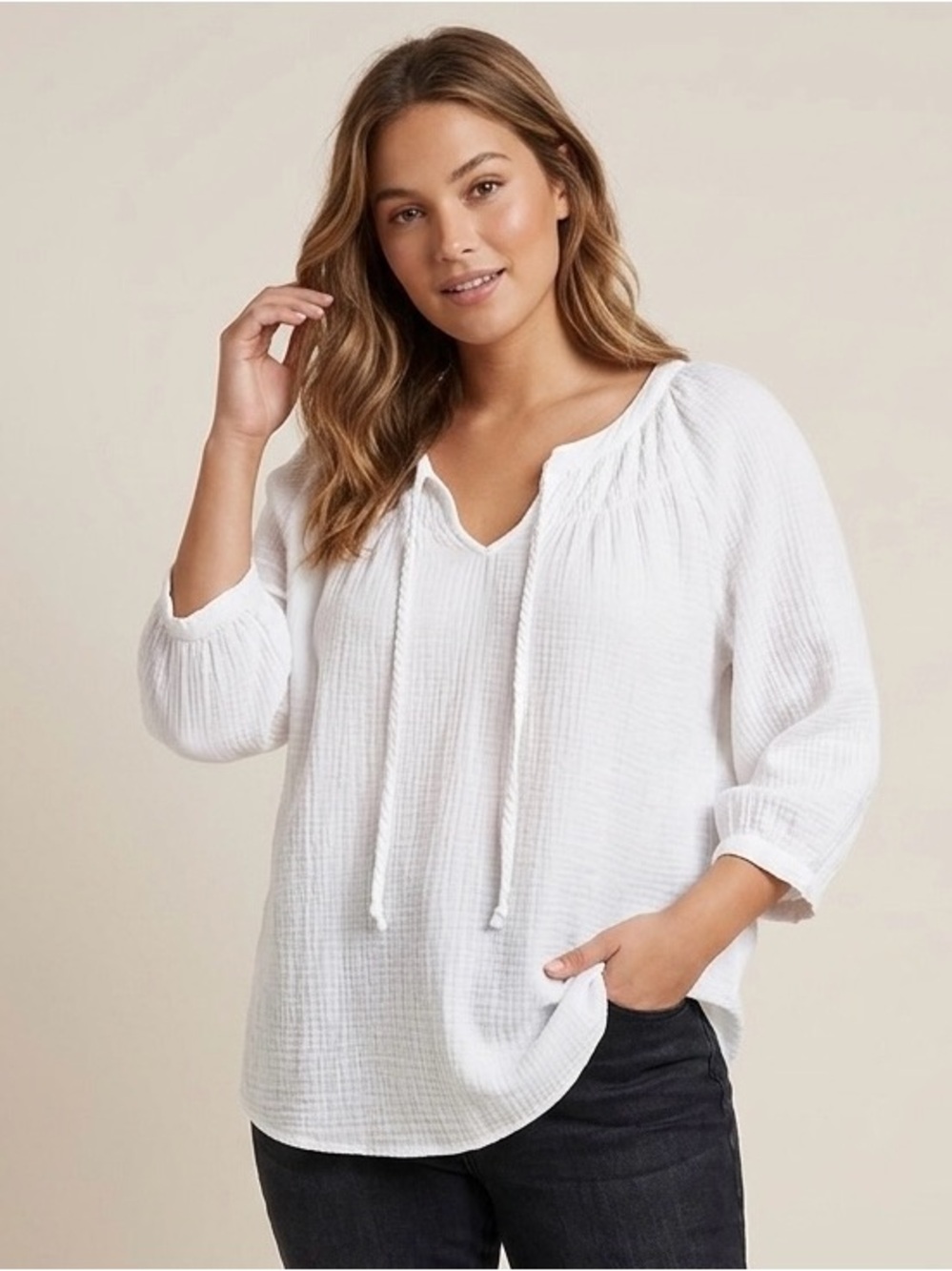 Mac and Me White Cotton Gauze Tie Neck Peasant Blouse 1X Boho Coastal 3/4 Sleeve